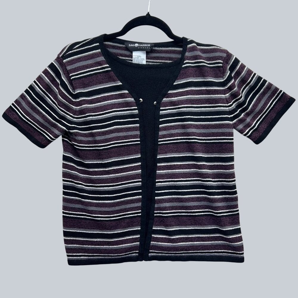 Sag Harbor Petite Striped Open Front Cardigan With Short Sleeves Women's Sz L